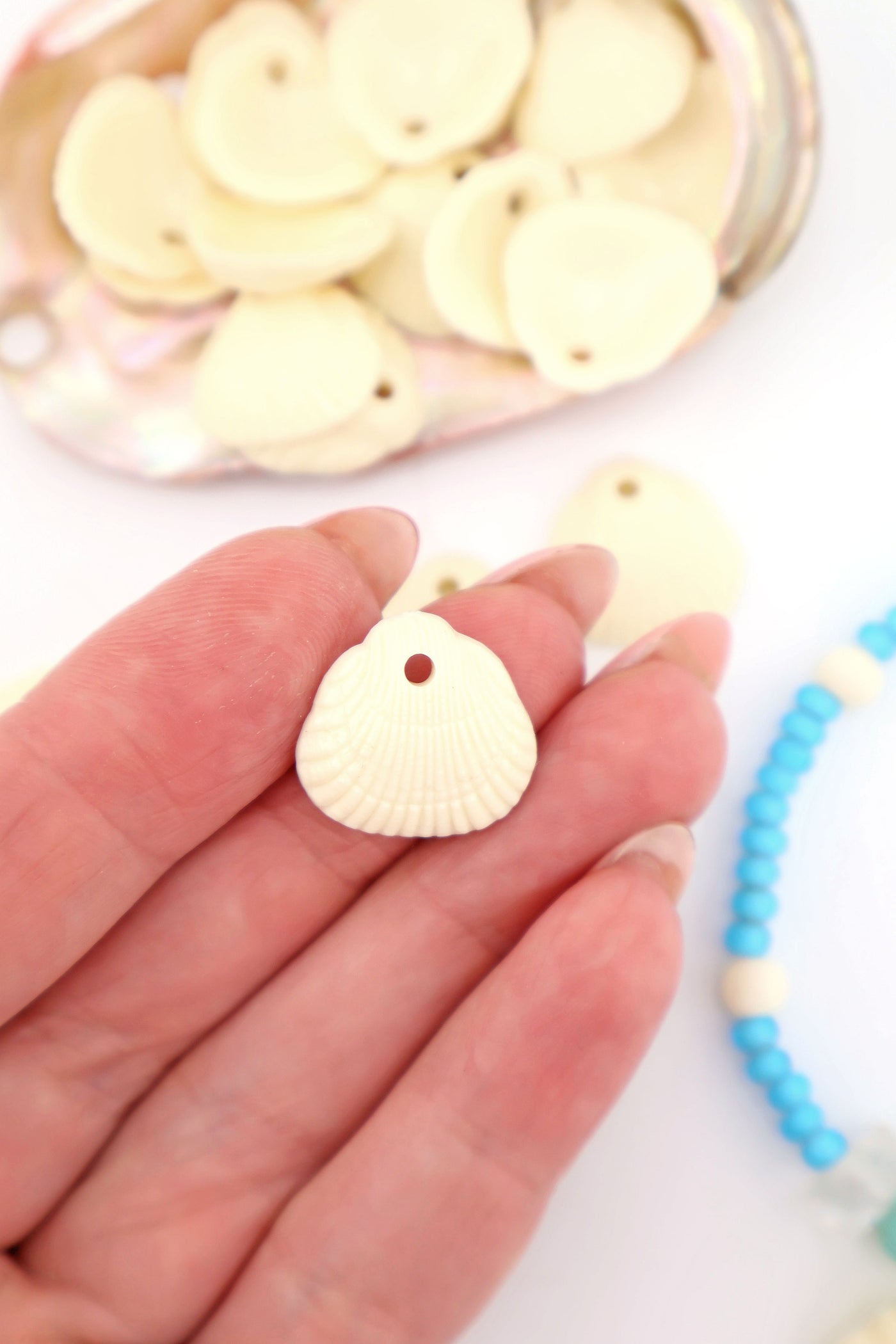Small Clam Shell Charm in Cream, DIY Jewelry Resin Pendant, 18mm, by Ava Motherwell Collection