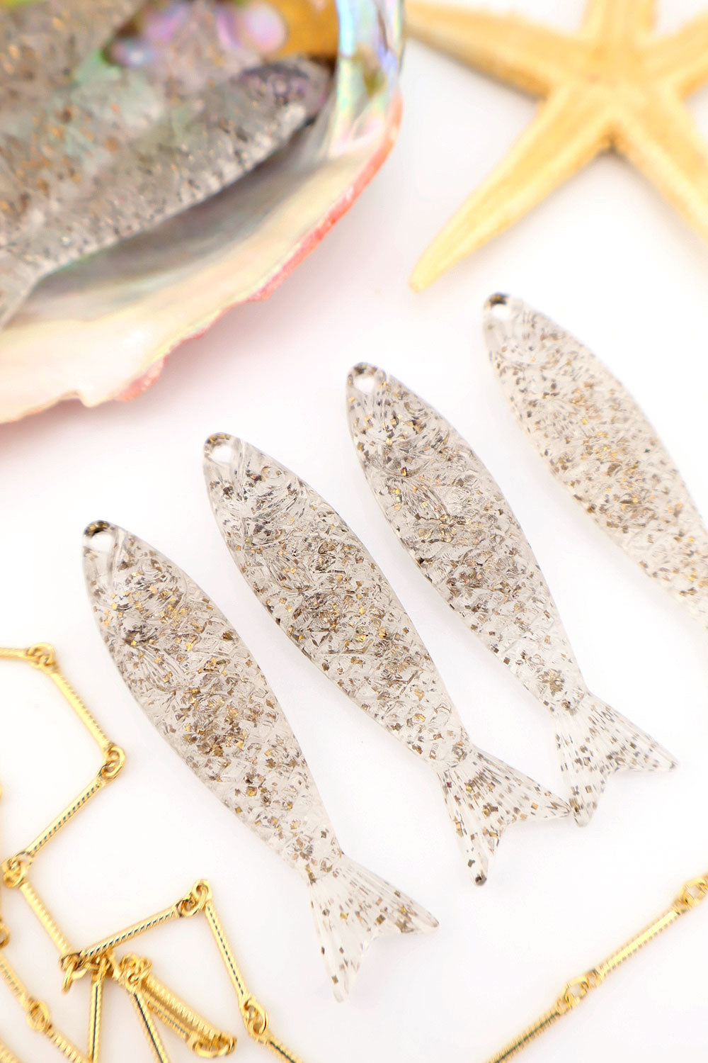 Clear with Glitter Fish Beach Charm, German Resin Amulet, 2