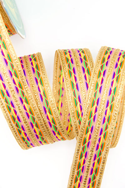 Geometric Metallic Rainbow Jacquard Woven Ribbon, 1" wide x 1 yard