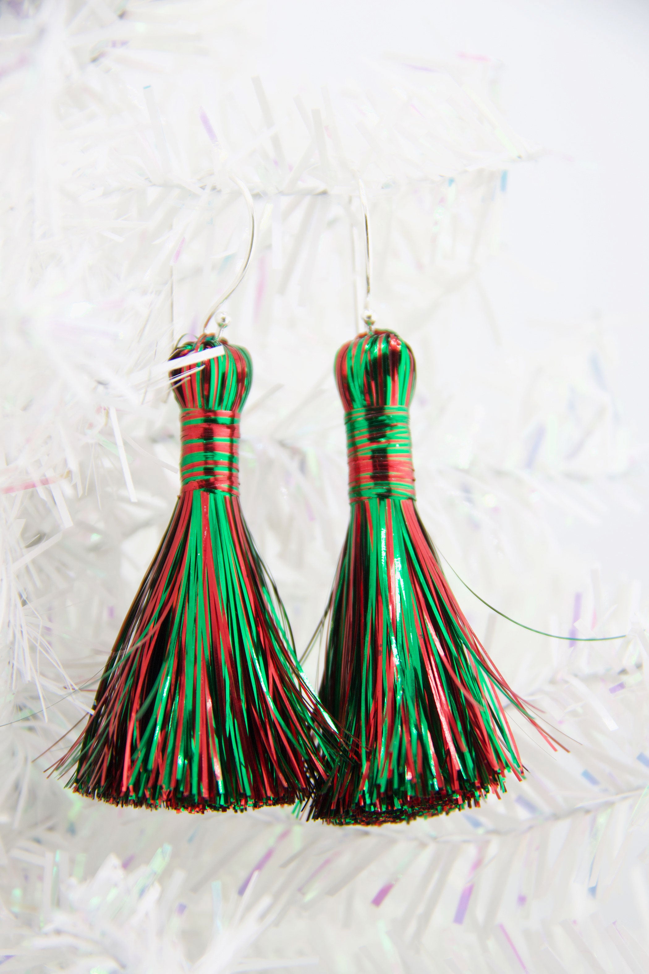 Red & Green Christmas Tinsel Tassel Earrings, 2.25" Metallic Fringe, 2 pcs
