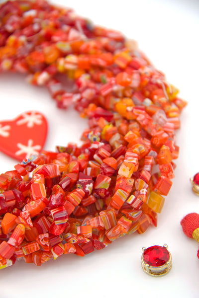 Red Millefiore Glass Chip Beads, Vintage Destash, 34" Long Strand Ready to Wear necklace. 