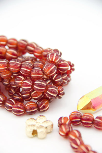 Red & Orange Czech Glass Melon Beads, 8mm, with Copper Wash