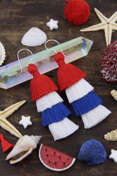 Red, White, and Blue Tiered Tassel Earrings - ShopWomanShopsWorld.com. Bone Beads, Tassels, Pom Poms, African Beads.
