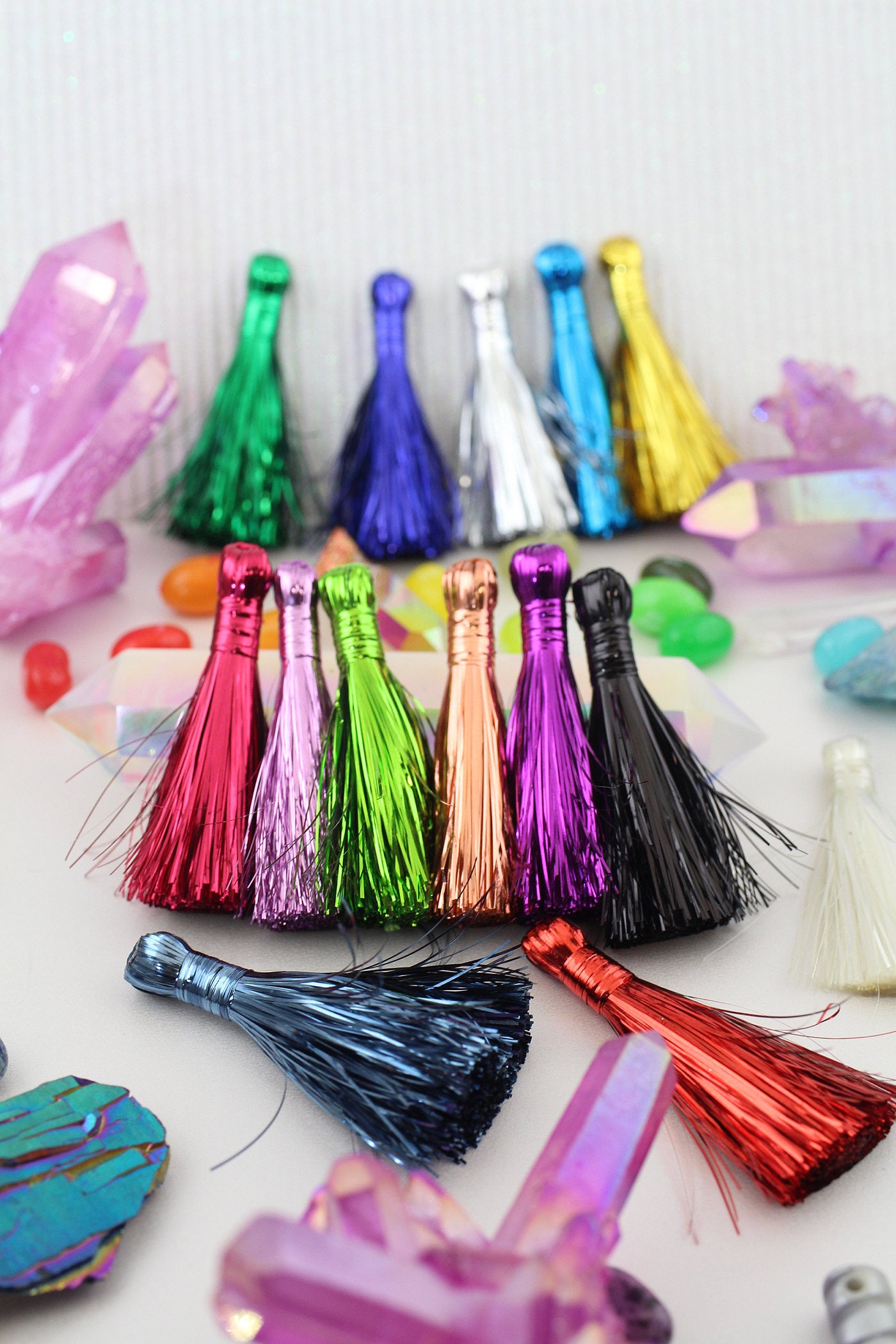 Mini Cotton & Sparkly Tinsel Tassels, GOLD Binding, 1.25 Fringe