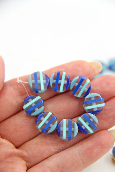 Vintage inspired Blue Striped Italian Poly Resin Coin, 12mm, 8 Beads