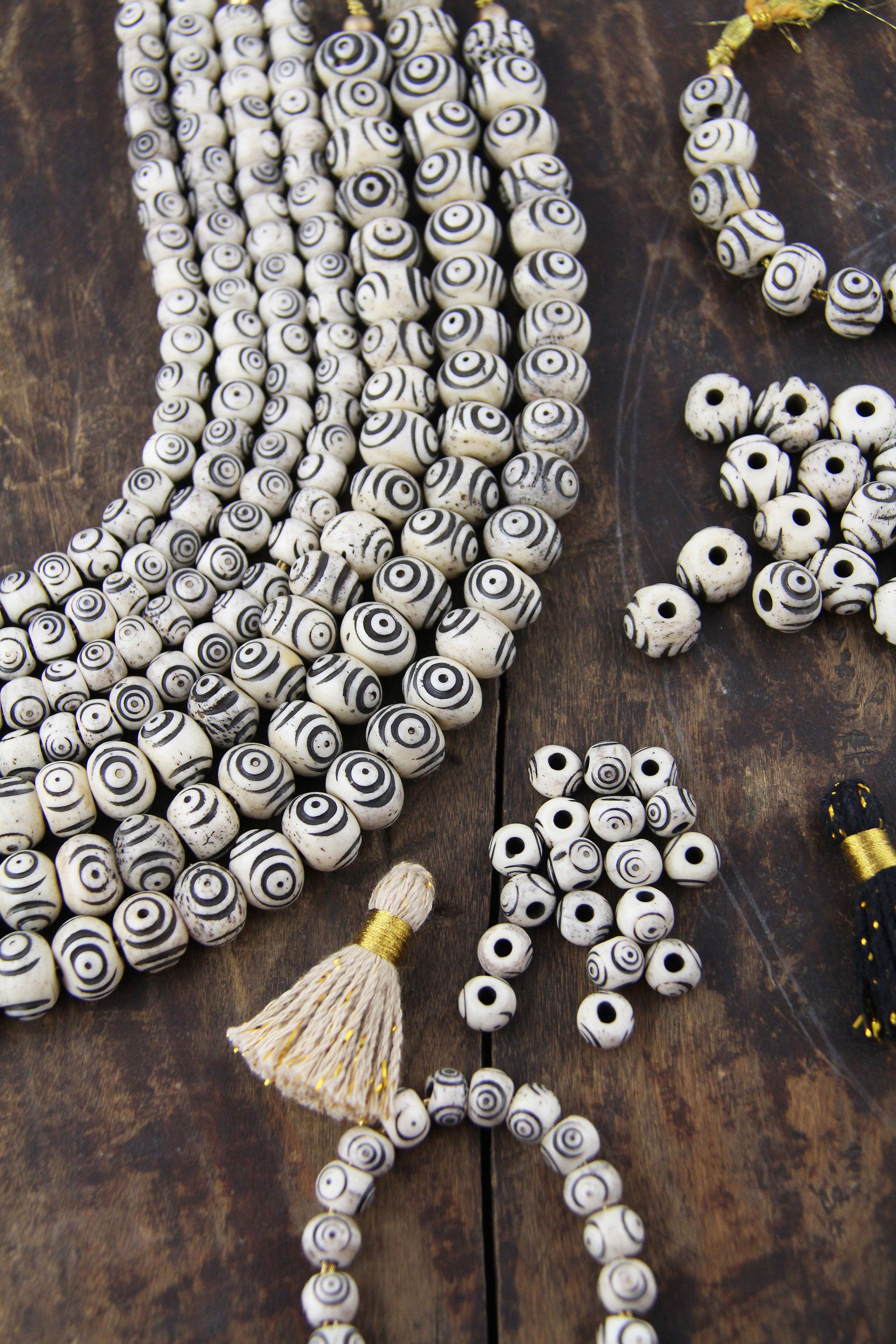 Black Cubed Bullseye: Hand Carved Bone Beads, 8x7mm, 27 pieces