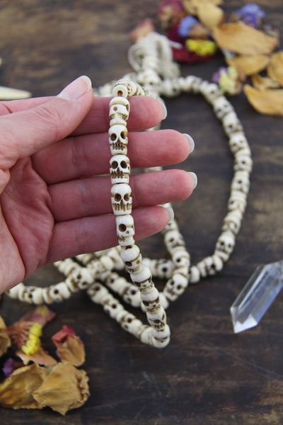 Hand-Carved Skull Bone Beads, 108 Bead Mala