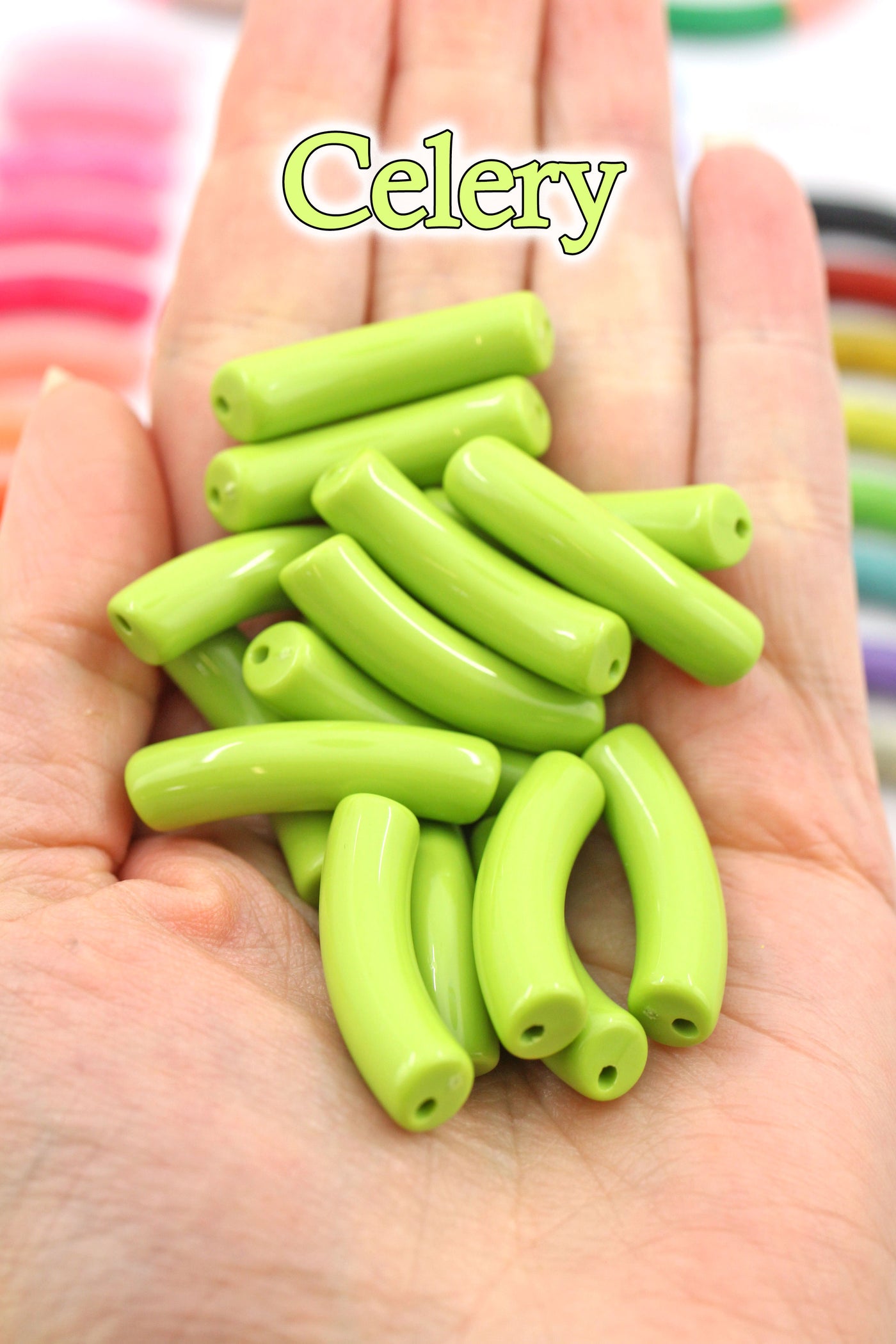 Green Wholesale Skinny Acrylic Bamboo Beads, Curved Tube Beads, 8mm, 1 pc.