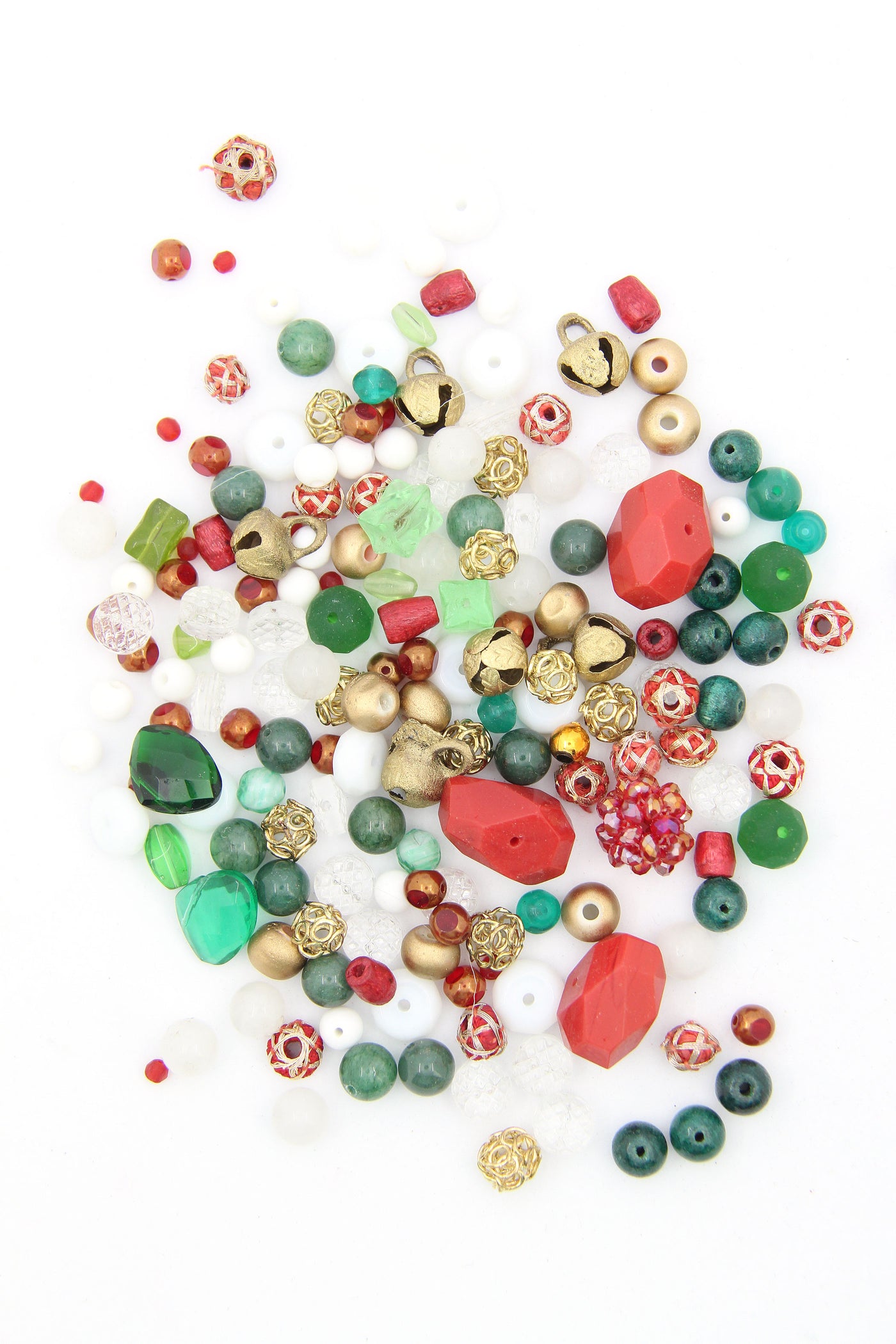 Christmas Bead Grab Bag, Red, Green, White, Gold, Brass Bells, 125+ beads.