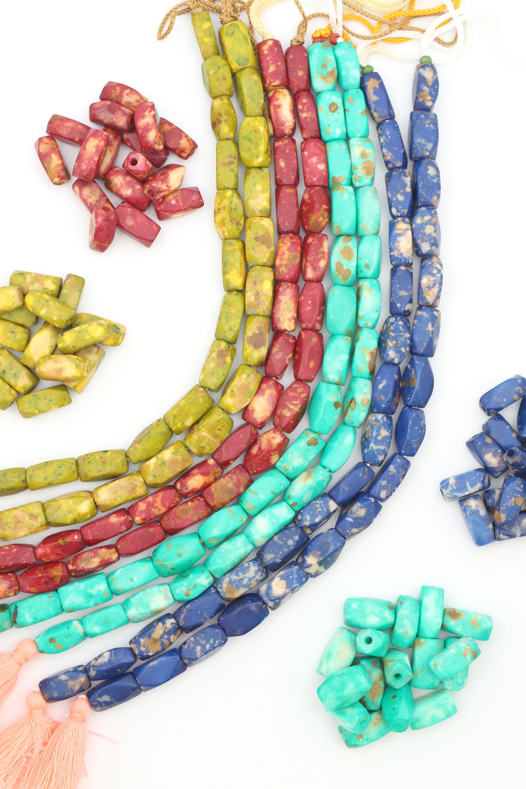 Faceted Geometric Bone Beads, 7x13mm, Mottled Earthy Colors