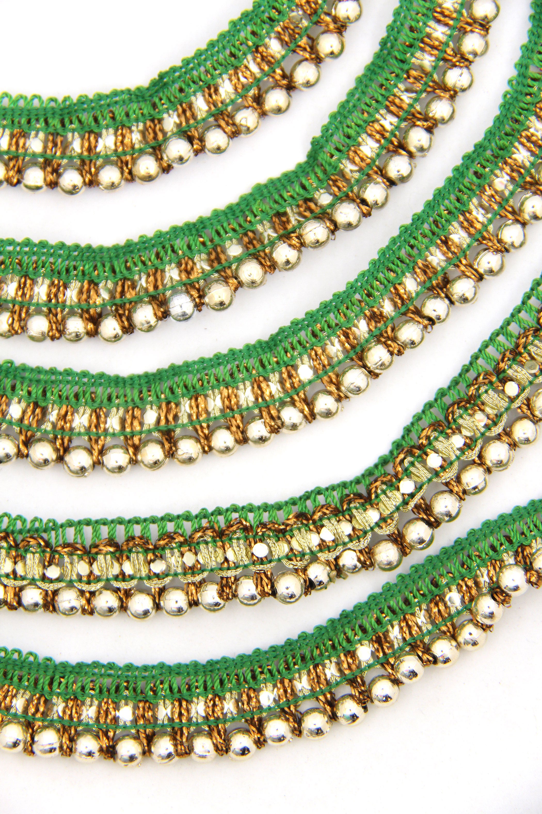 Green & Gold Beaded Fringe Trim, Traditional Indian Zari Ribbon