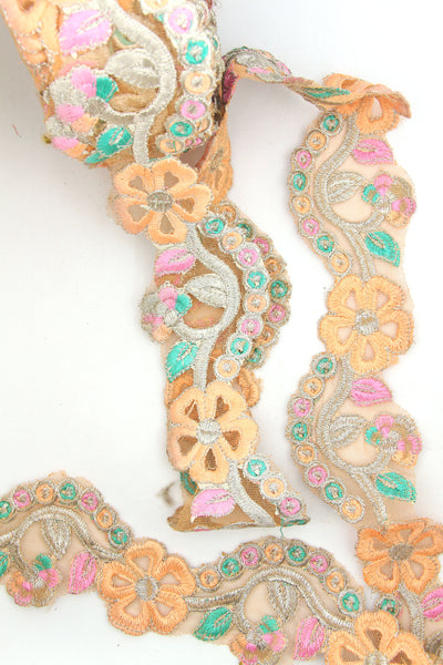 Light & Airy Floral Bouquet: 2.5" Pastel Embroidered Silk Ribbon, Trim, Sari Border from India