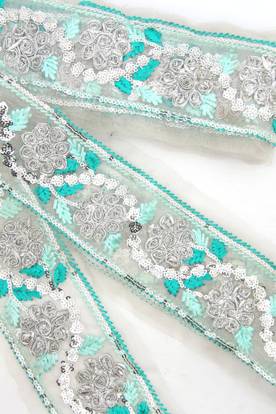 Turquoise & Silver Embroidered Floral Ribbon: 3.5" Mesh Trim by the yard