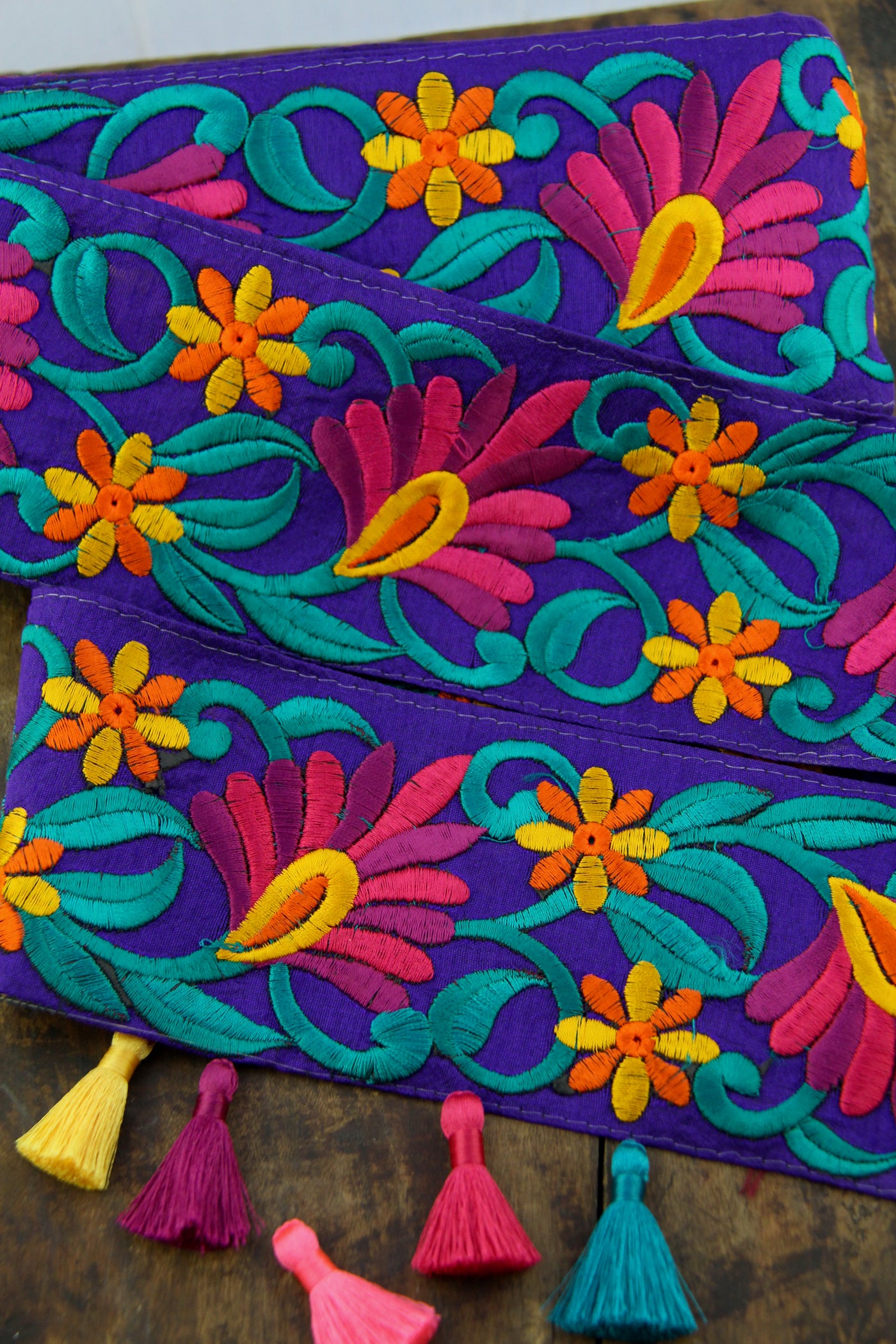 Bohemian Blossom: Purple, Fuchsia, Green Embroidered Ribbon, 3.875"x1 Yard