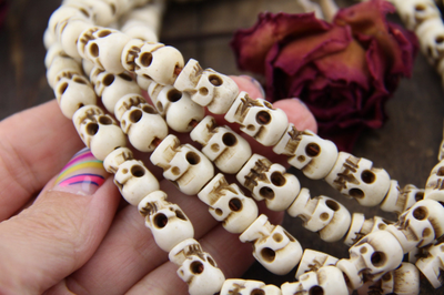 Hand-Carved Skull Bone Beads, 9x13mm, 108 Bead Mala