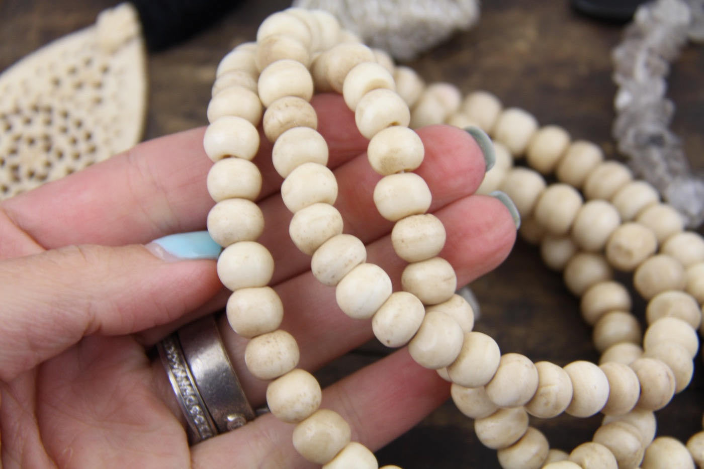 Cream Mala Rondelle Bone Beads : 10x8mm, 108 beads Yoga Mala - ShopWomanShopsWorld.com. Bone Beads, Tassels, Pom Poms, African Beads.