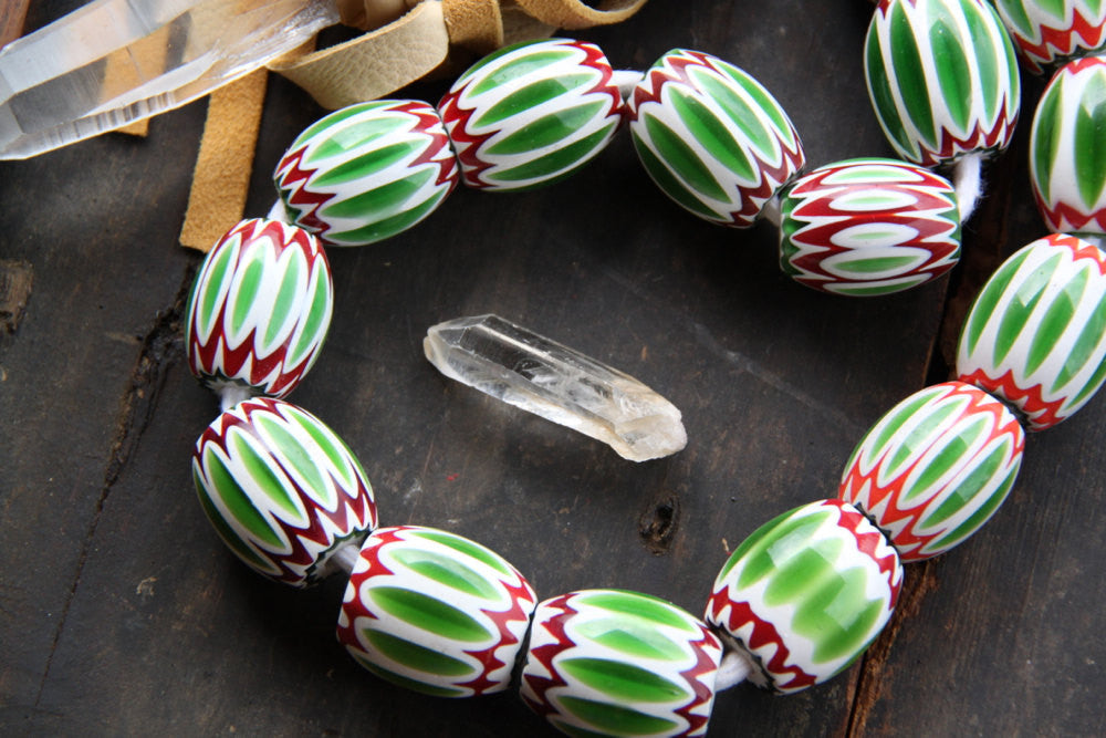 Green, Red, White African Chevron Bead, 30x35mm