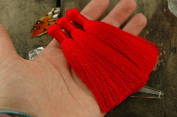 Red Silky Luxe Tassels, 3.5", 2 pieces - ShopWomanShopsWorld.com. Bone Beads, Tassels, Pom Poms, African Beads.