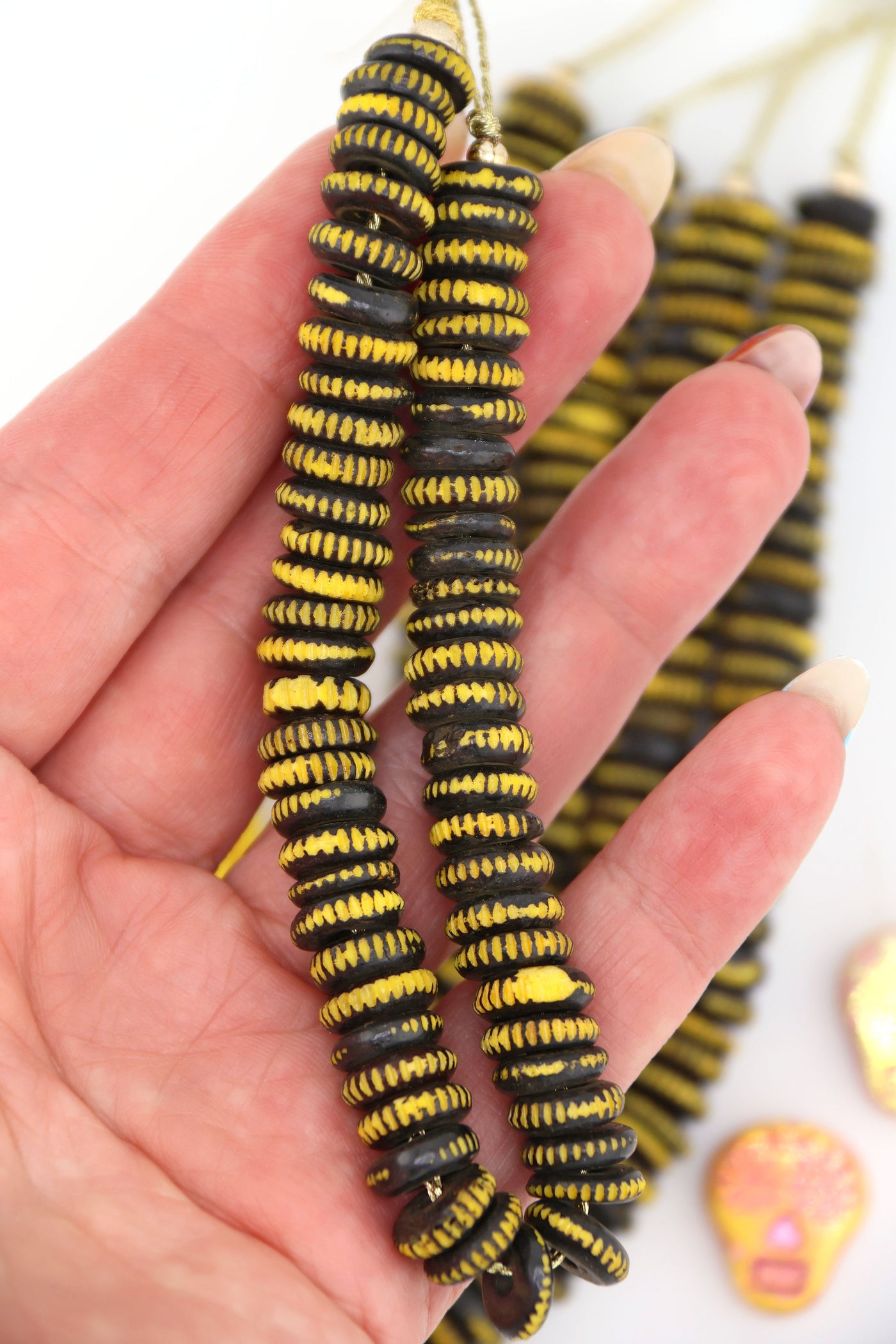 Black & Yellow Carved Rondelle Bone Beads, 10mm, for Halloween and Fall Crafts