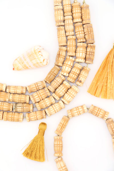 Tan Carved Roller Barrel Bone Beads, Approx. 10x20mm, 10 pieces for making natural earthy jewelry.