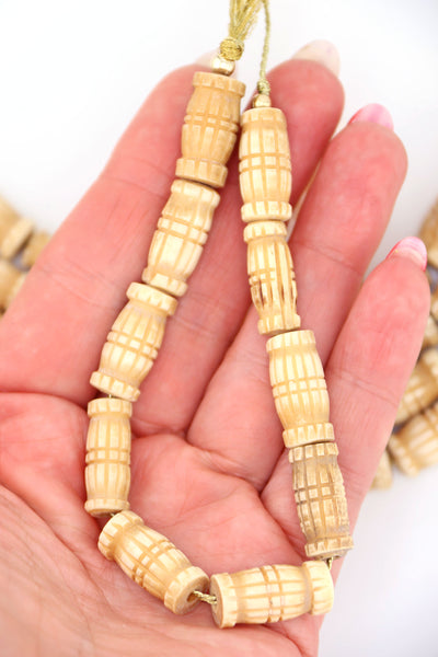 Tan Carved Roller Barrel Bone Beads, Approx. 10x20mm, 10 pieces for making natural earthy jewelry.