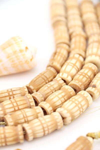 Tan Carved Roller Barrel Bone Beads, Approx. 10x20mm, 10 pieces for making natural earthy jewelry.