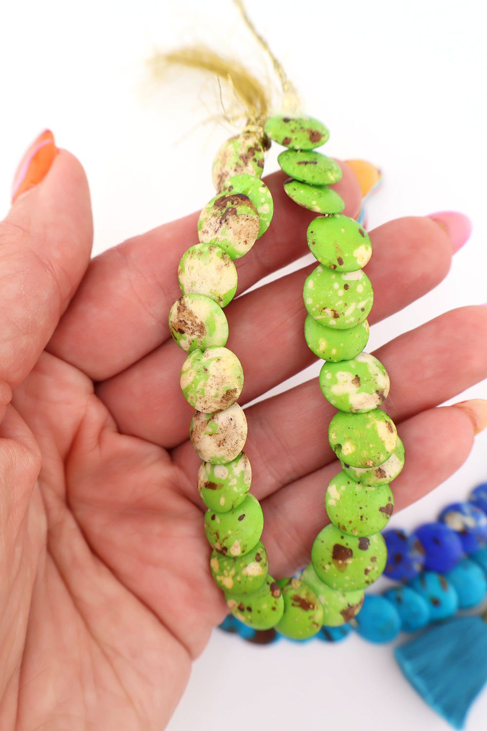 Lime Green Cascading Coin Speckled Bone Beads, Multi-Colored 12mm Beads for making stretch bracelets