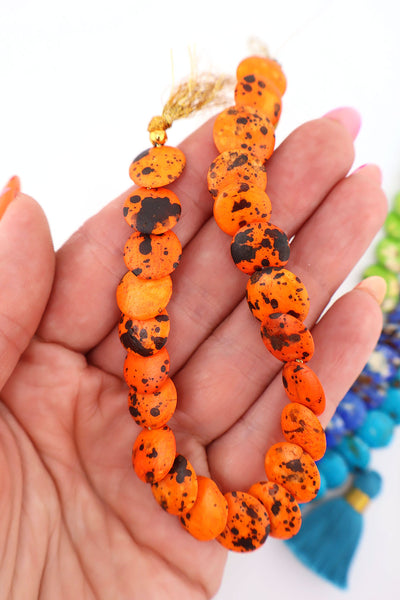 Orange Cascading Coin Speckled Bone Beads, Multi-Colored 12mm Beads for making stretch bracelets