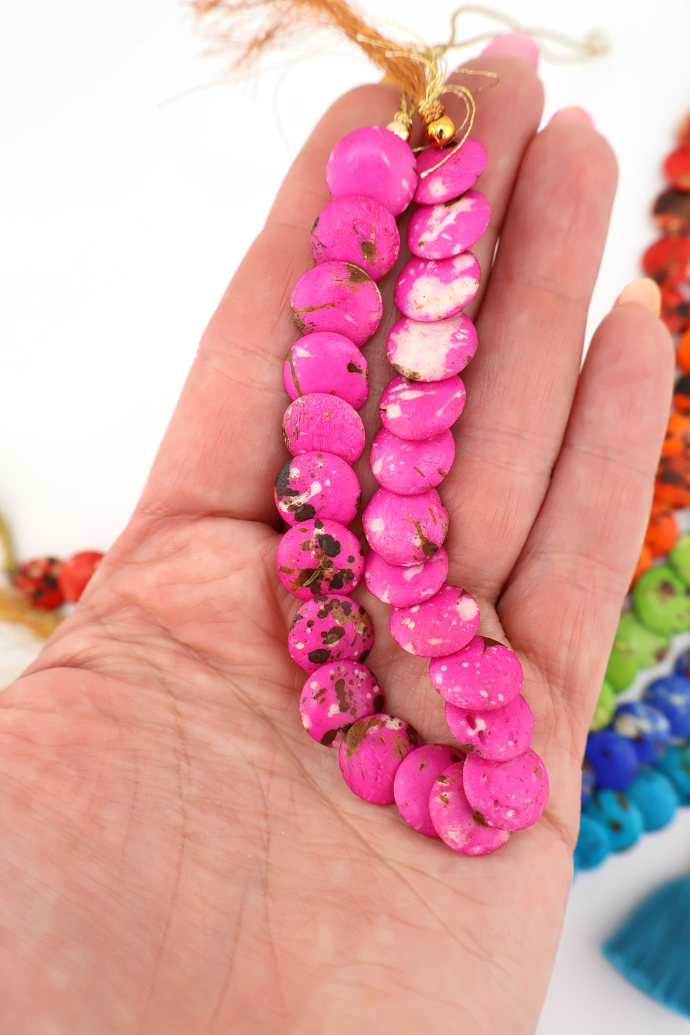 Pink Cascading Coin Speckled Bone Beads, Multi-Colored 12mm Beads for making stretch bracelets