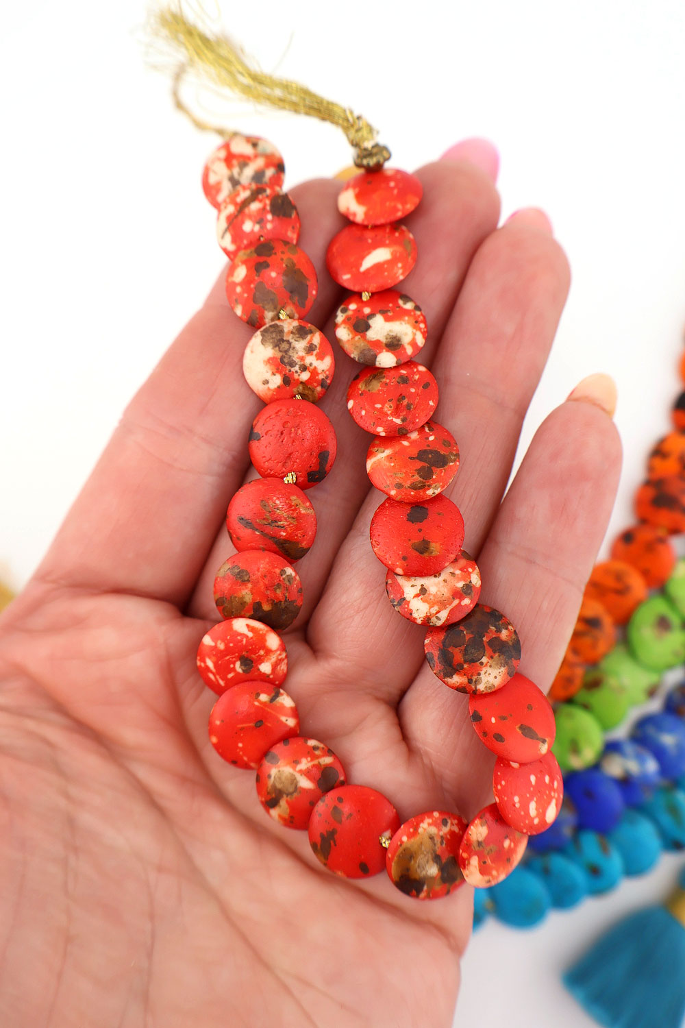 Red Cascading Coin Speckled Bone Beads, Multi-Colored 12mm Beads for making stretch bracelets