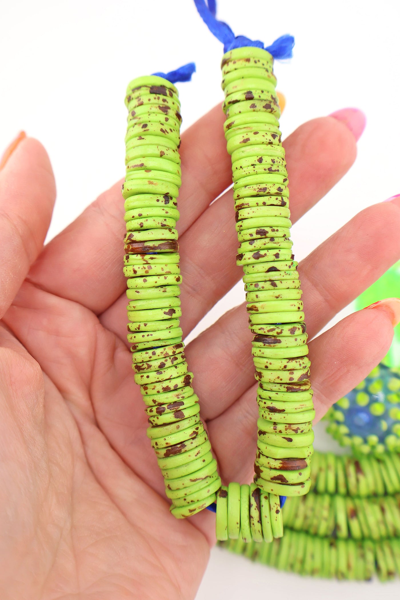 12mm Heishi Lime Green Speckled Bone Beads: 90 beads, for DIY Summer jewelry and bracelets