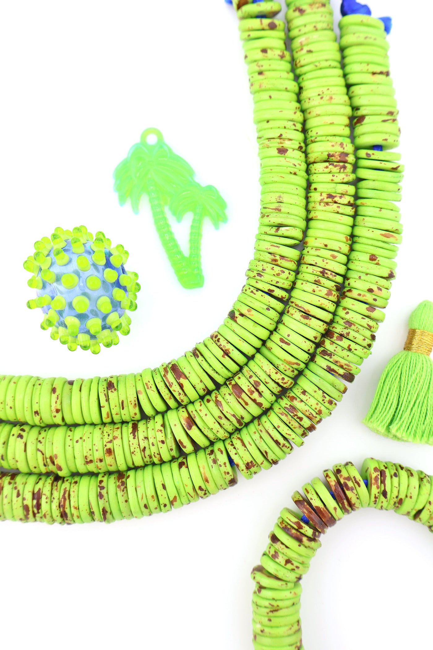 12mm Heishi Lime Green Speckled Bone Beads for DIY Summer jewelry and Outer Banks Surfer bracelets