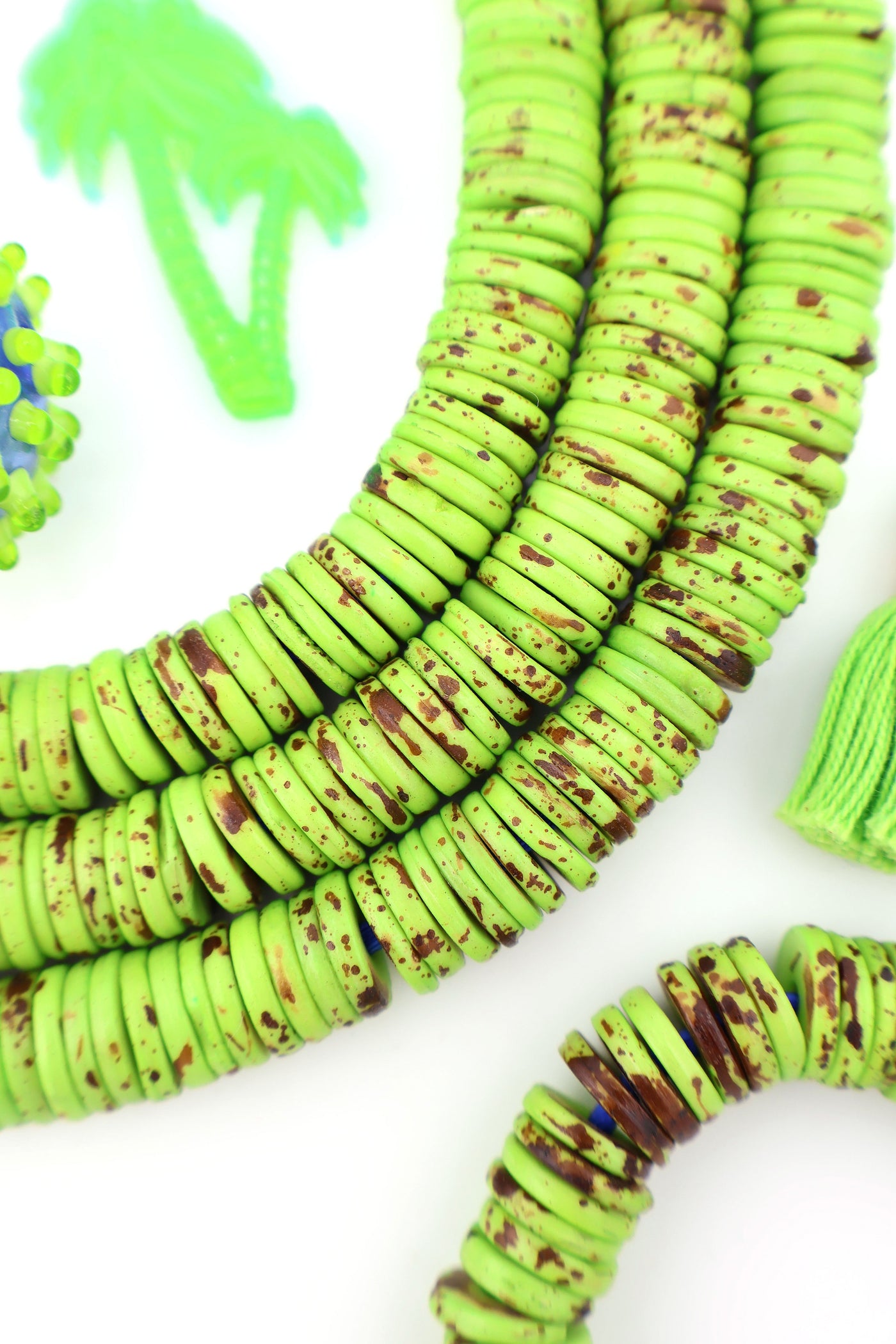 12mm Heishi Lime Green Speckled Bone Beads: 90 beads, for DIY Summer jewelry and bracelets