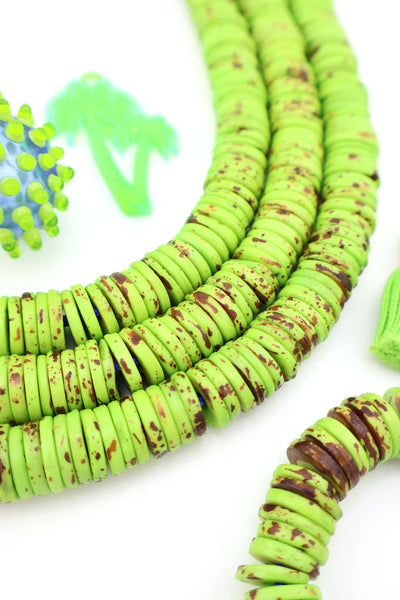 12mm Heishi Lime Green Speckled Bone Beads for DIY Summer jewelry and Outer Banks Surfer bracelets