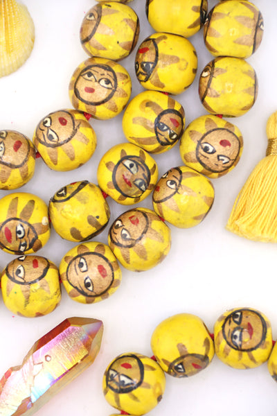 15mm Yellow Hand Painted Sun Wood Beads, 14 Beads These lightweight and large beads are perfect for making summer jewelry . Made in India,