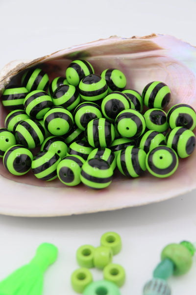 14mm Green & Black Striped Italian Resin Bead, 1 Betelgeuse Bead for DIY Halloween Jewelry