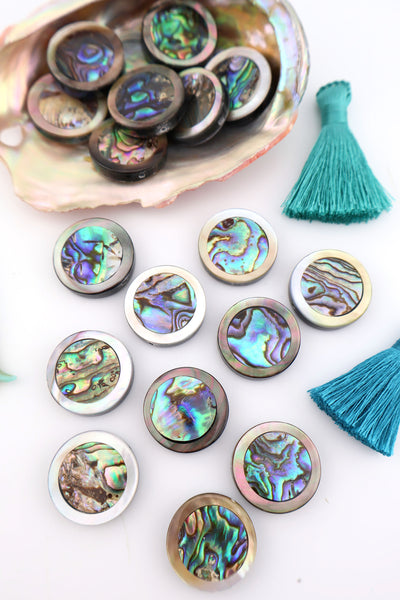 20mm Abalone Inlaid Coin Bead, 1 Charm, blingy beach girl style, this bead works as a focal pendant