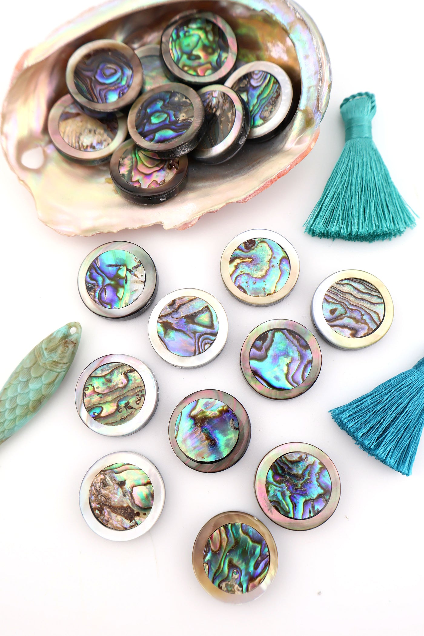 20mm Abalone Inlaid Coin Bead, 1 Charm, blingy beach girl style, this bead works as a focal pendant