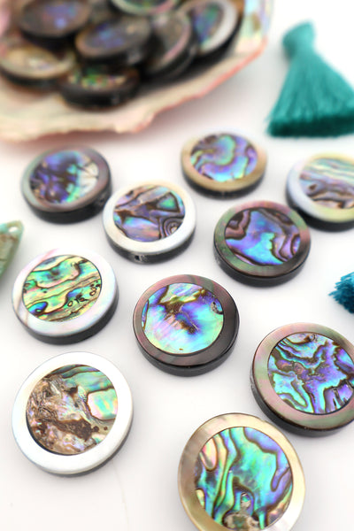 20mm Abalone Inlaid Coin Bead, 1 Charm, blingy beach girl style, this bead works as a focal pendant