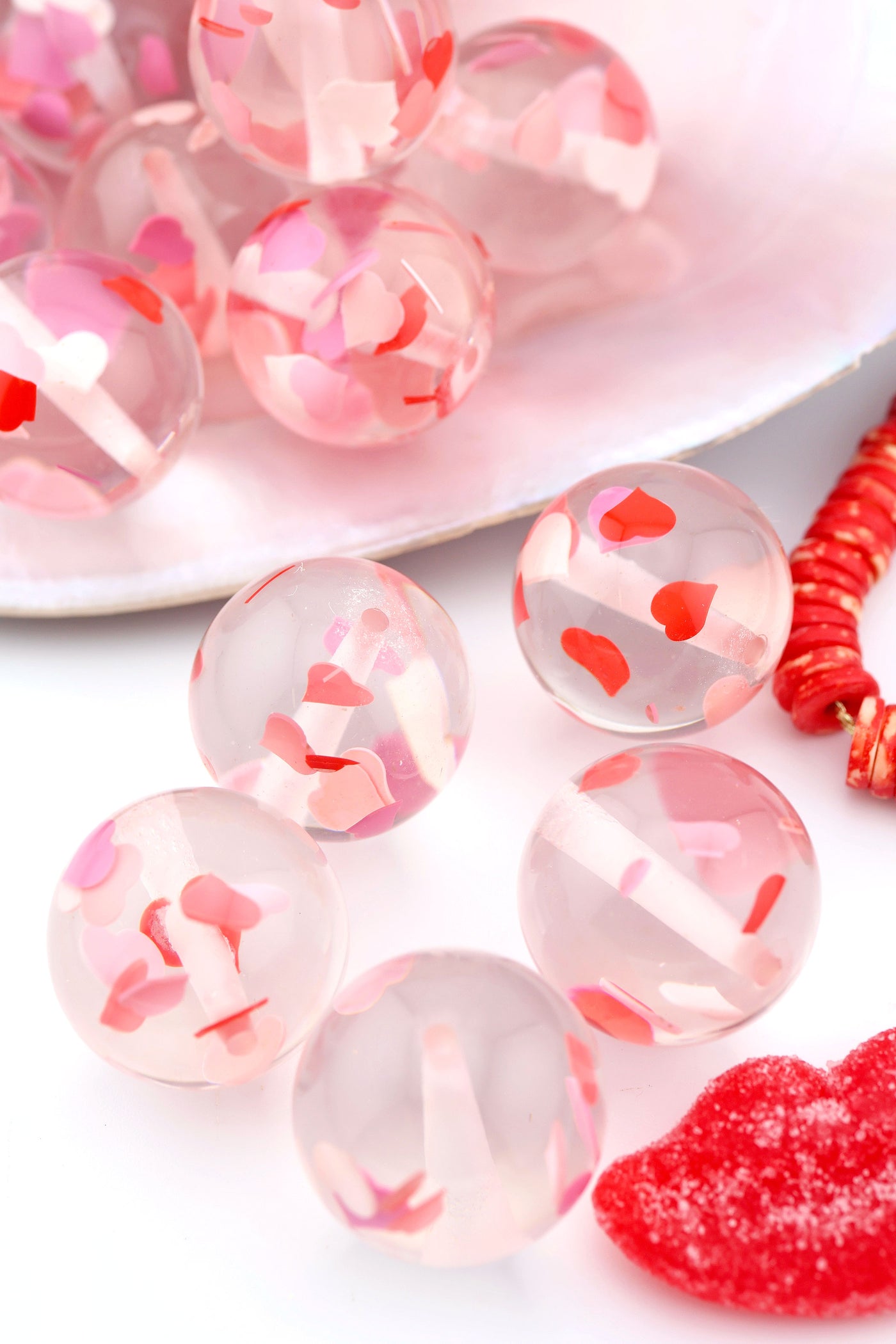 Large Valentine's Heart Confetti Round Resin Beads, 25mm, Artisan made in Italy, vintage replica