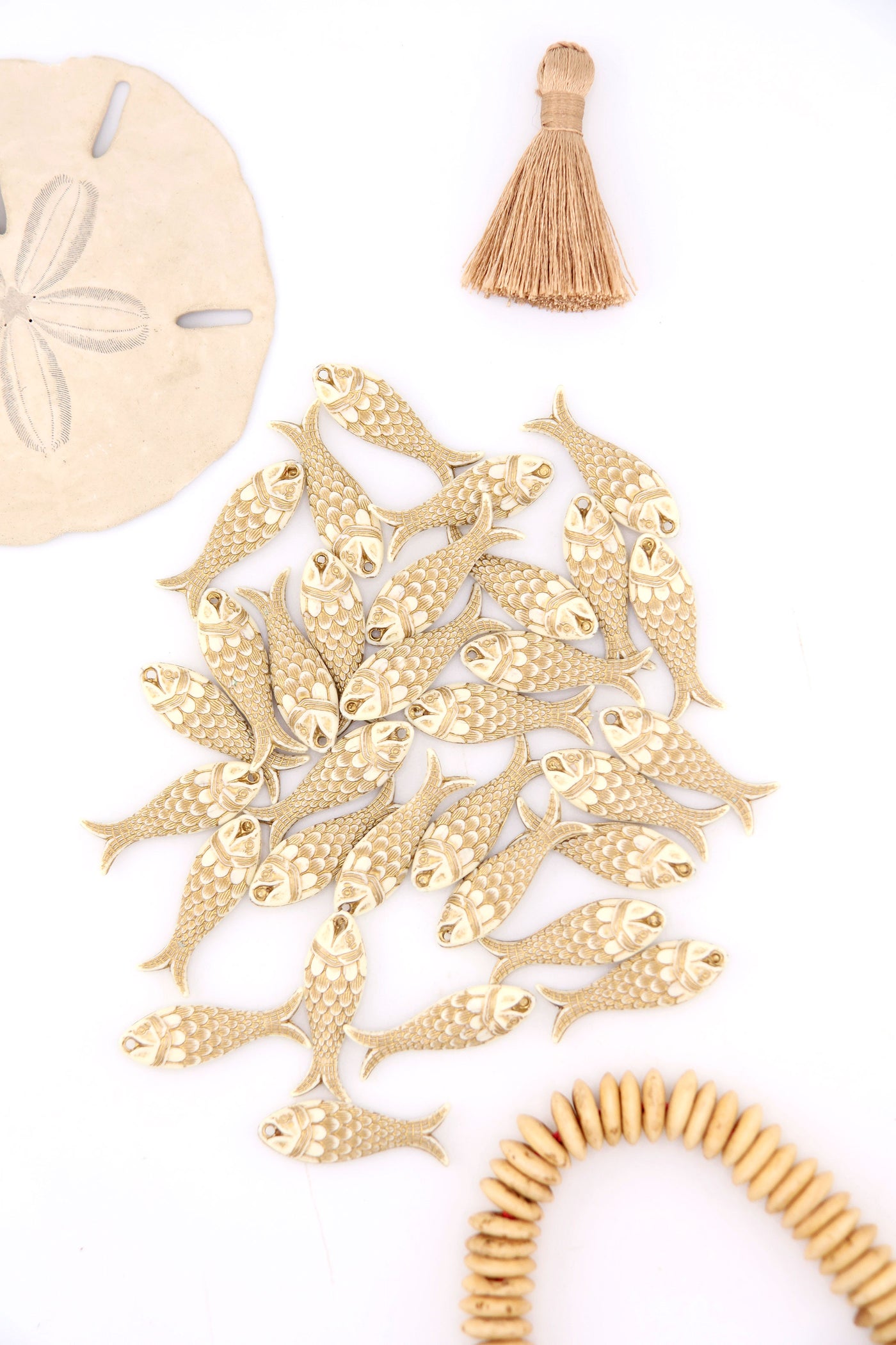 Golden Cream Fish Beach Charm, German Resin Amulet, 28mm, Pendant