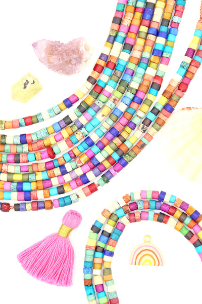 Multicolor Mermaid Reef Bone Spacer Beads: 5x4mm Heishi, Tube Shaped