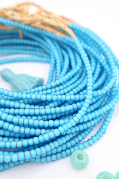 4mm Turquoise Blue White Heart African Glass Bead, 24" Strand