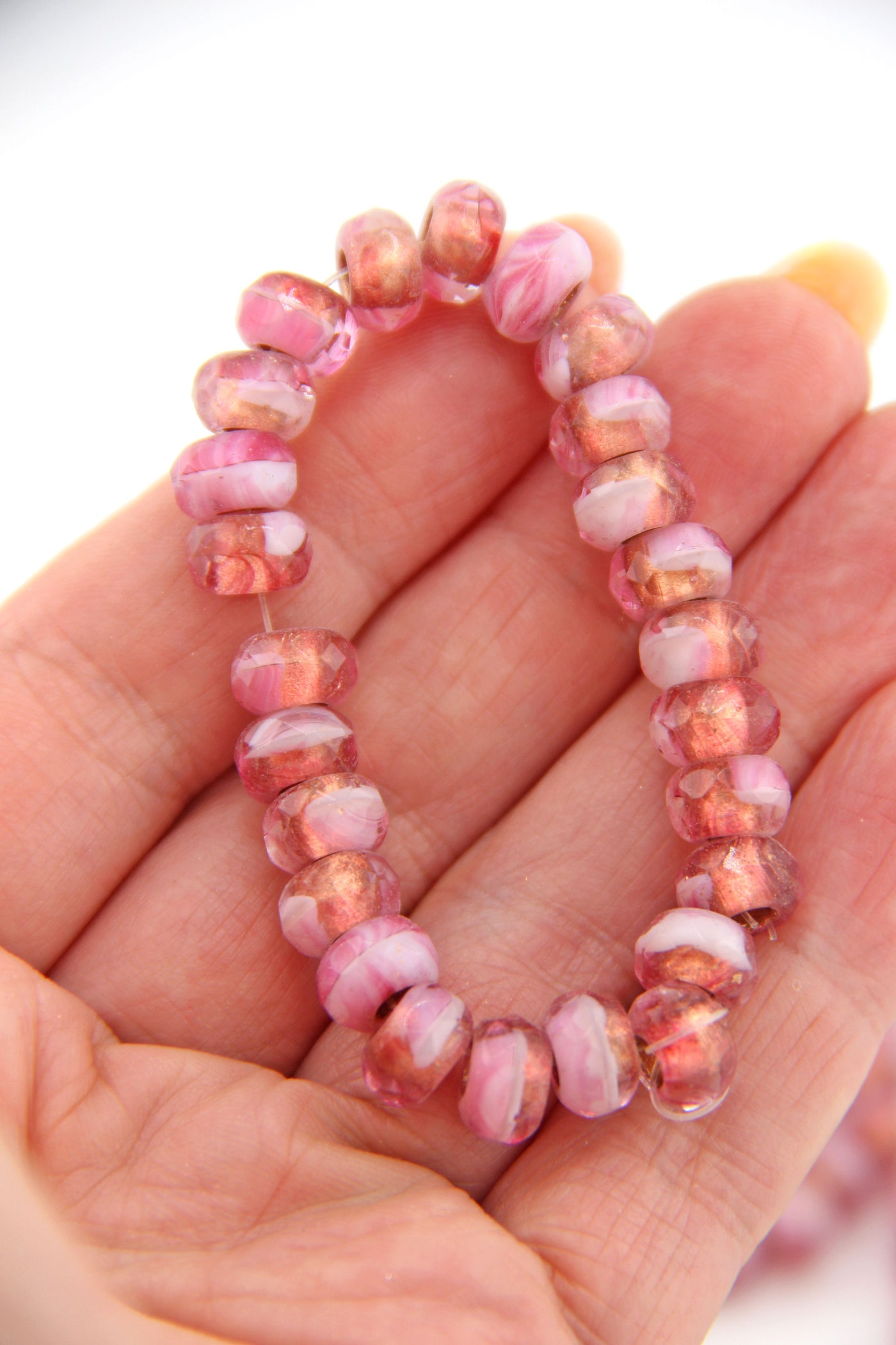 Pink & White Czech Glass with Copper Lining, 9x6mm, 25 Rondelle Beads Inspired by Forte Beads, Influencer Style Trendy Bracelet, Easy to DIY