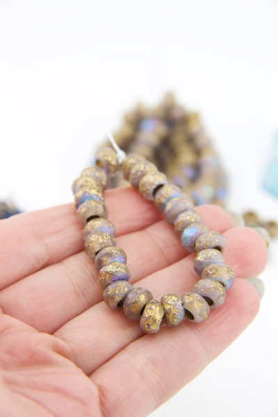 Thistle Czech Glass with Gold Wash, 9x6mm, Large Hole Rondelle Beads
