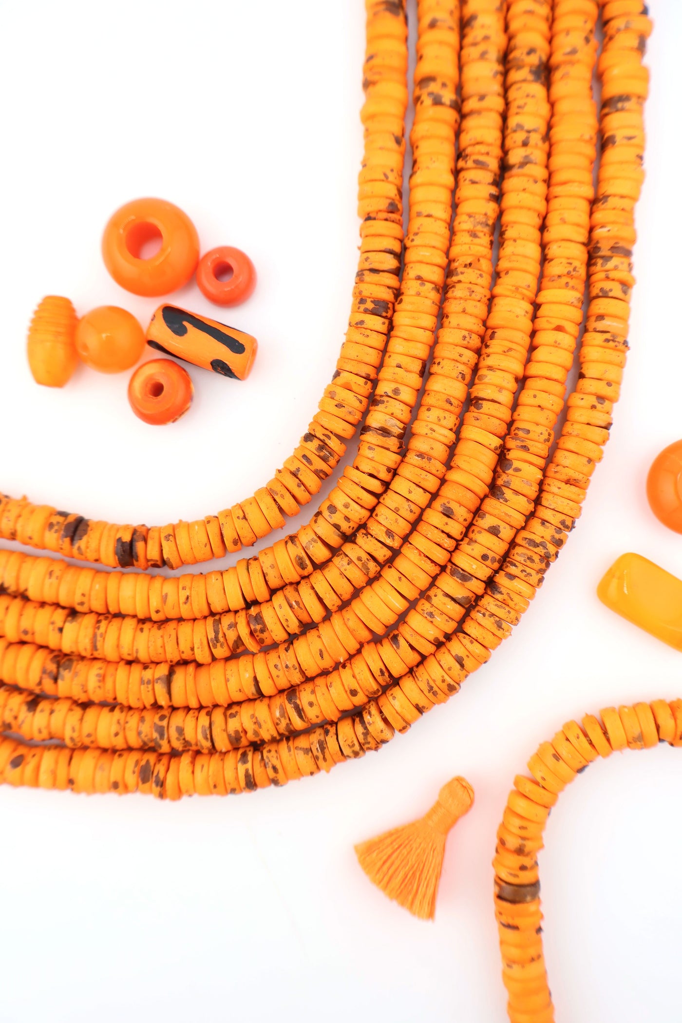 7mm Heishi Orange Speckled Bone Beads: Disc Spacers, 95 beads