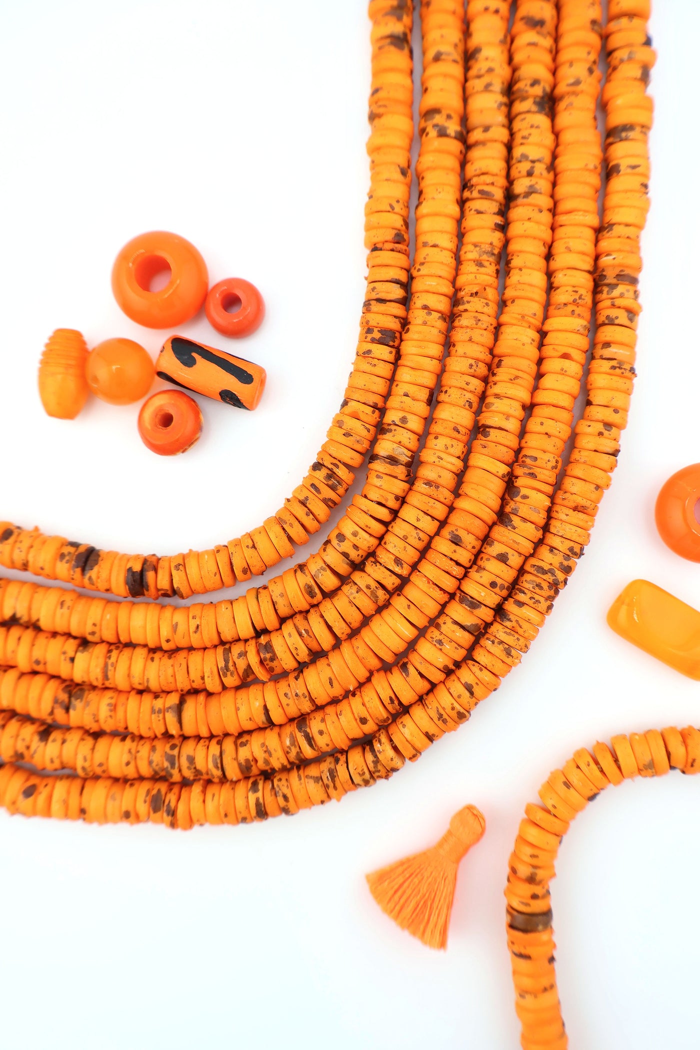 7mm Heishi Orange Speckled Bone Beads: Disc Spacers, 95 beads