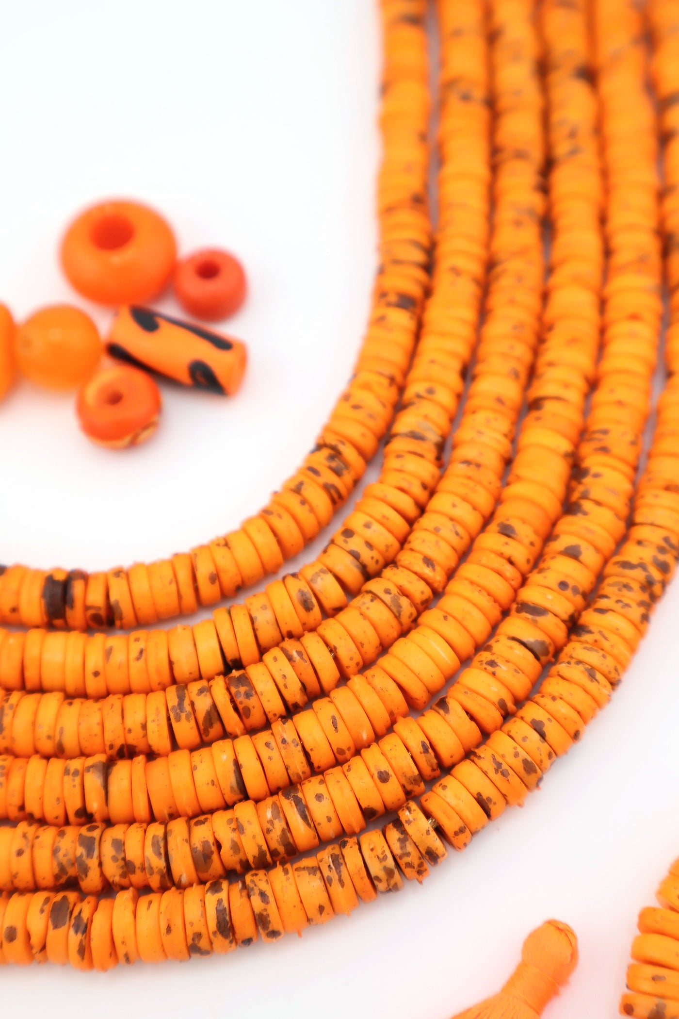 7mm Heishi Orange Speckled Bone Beads: Disc Spacers, 95 beads