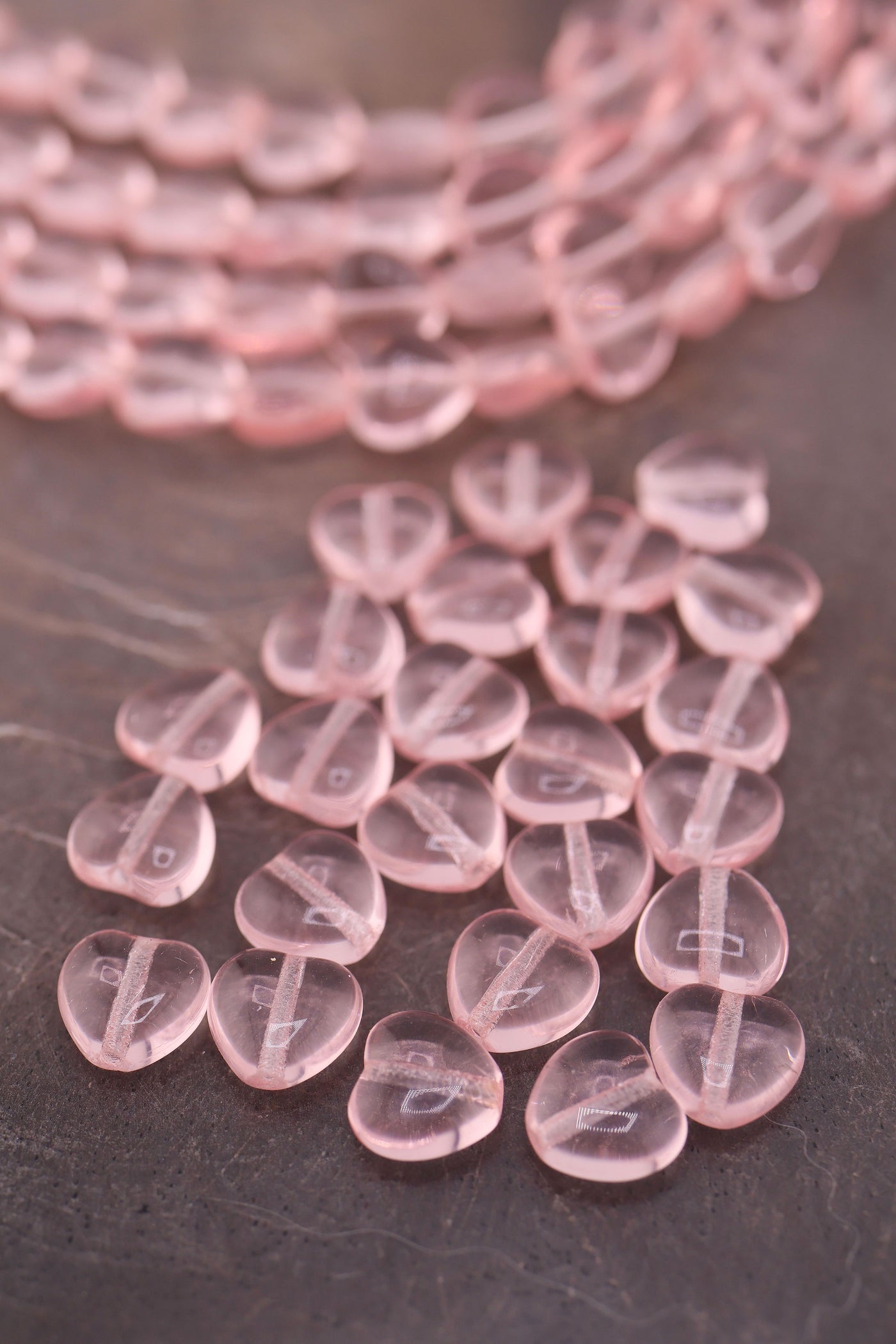 Pale Pink Translucent Czech Glass Heart Beads, 8x7mm, 25 beads for making Valentine's Day jewelry