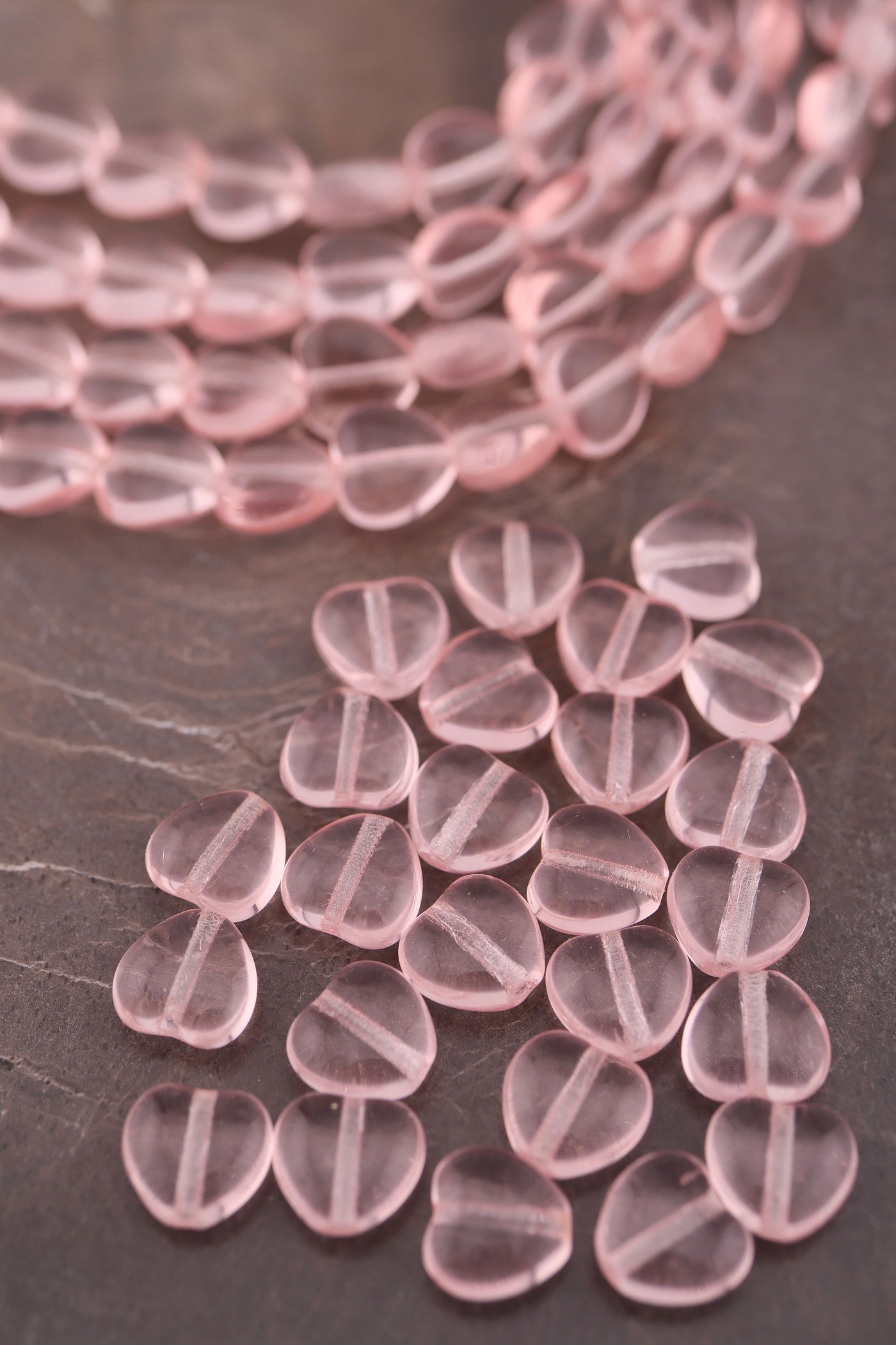 Pale Pink Translucent Czech Glass Heart Beads, 8x7mm, 25 beads for making Valentine's Day jewelry